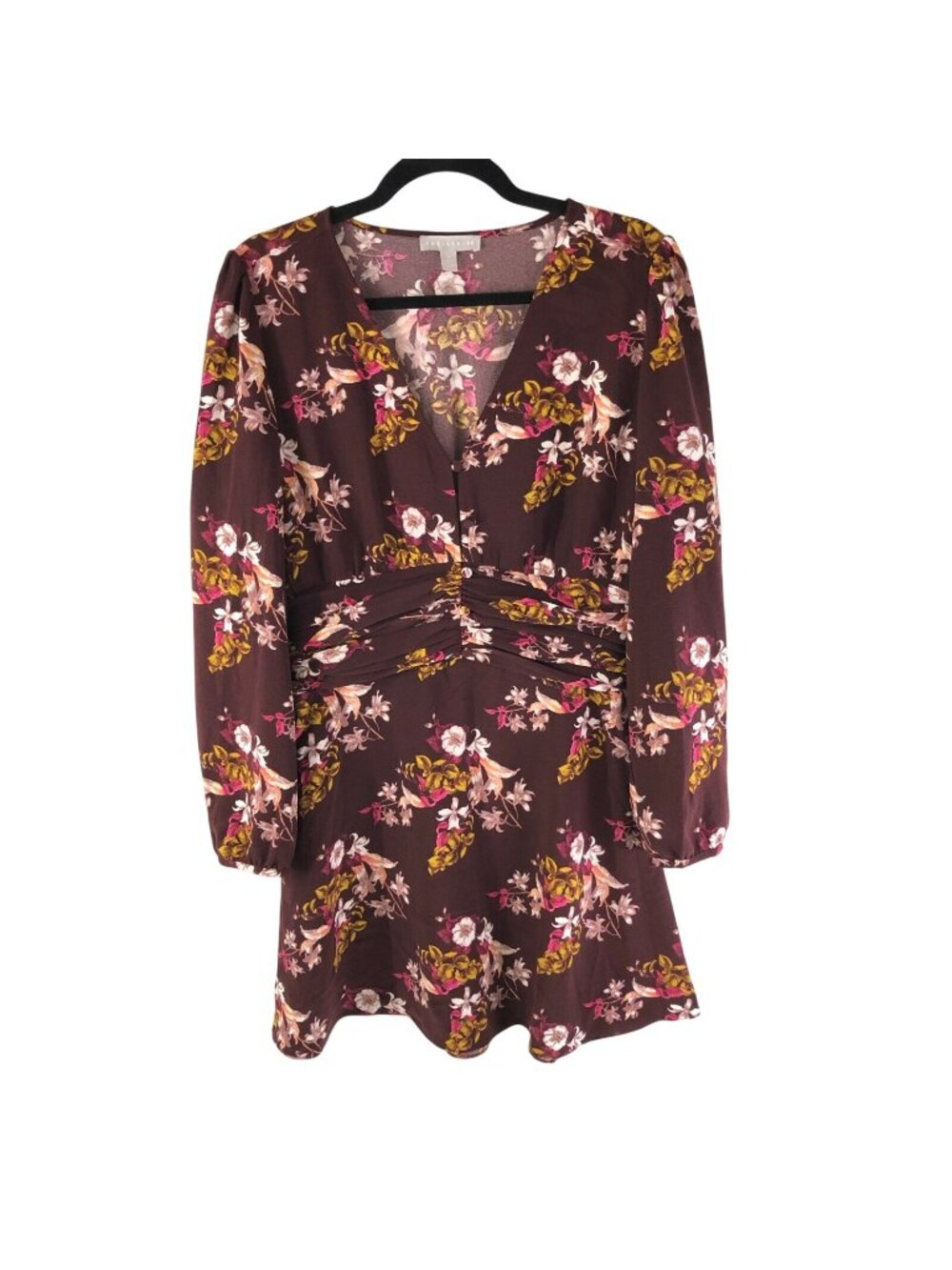 Chelsea28 Mini Dress A Line Long Sleeve Floral V Neck Ruffle Burgundy Size M